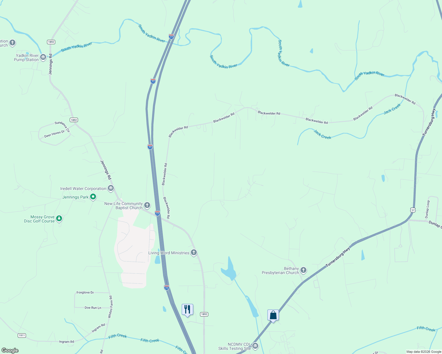 map of restaurants, bars, coffee shops, grocery stores, and more near 147 Rydel Lane in Statesville