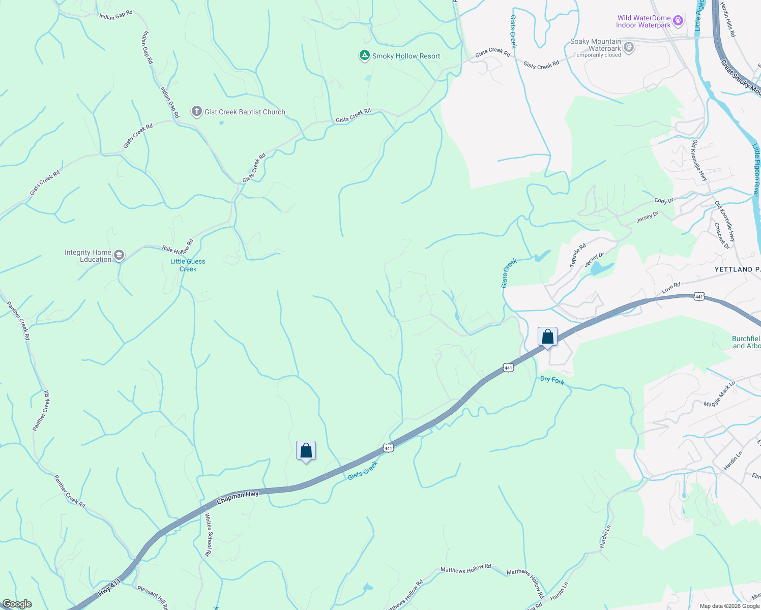 map of restaurants, bars, coffee shops, grocery stores, and more near 382 Bob Hollow Road in Sevierville