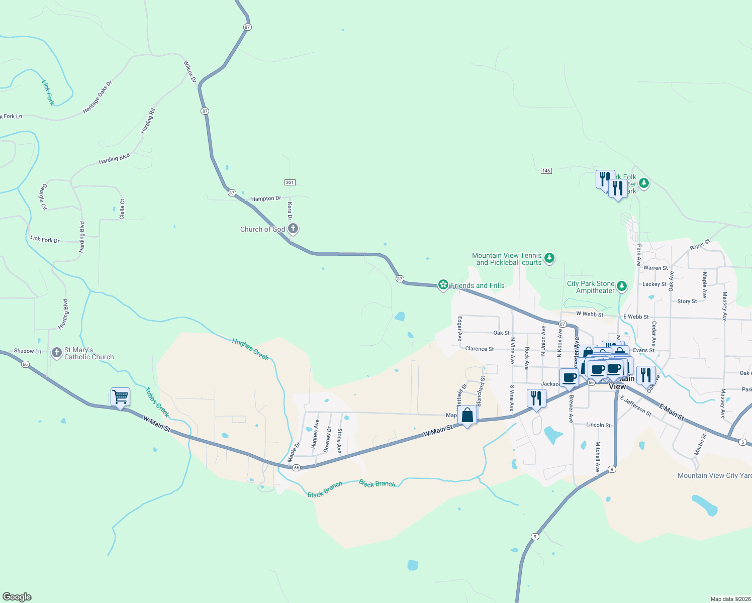map of restaurants, bars, coffee shops, grocery stores, and more near Quapaw Street in Mountain View