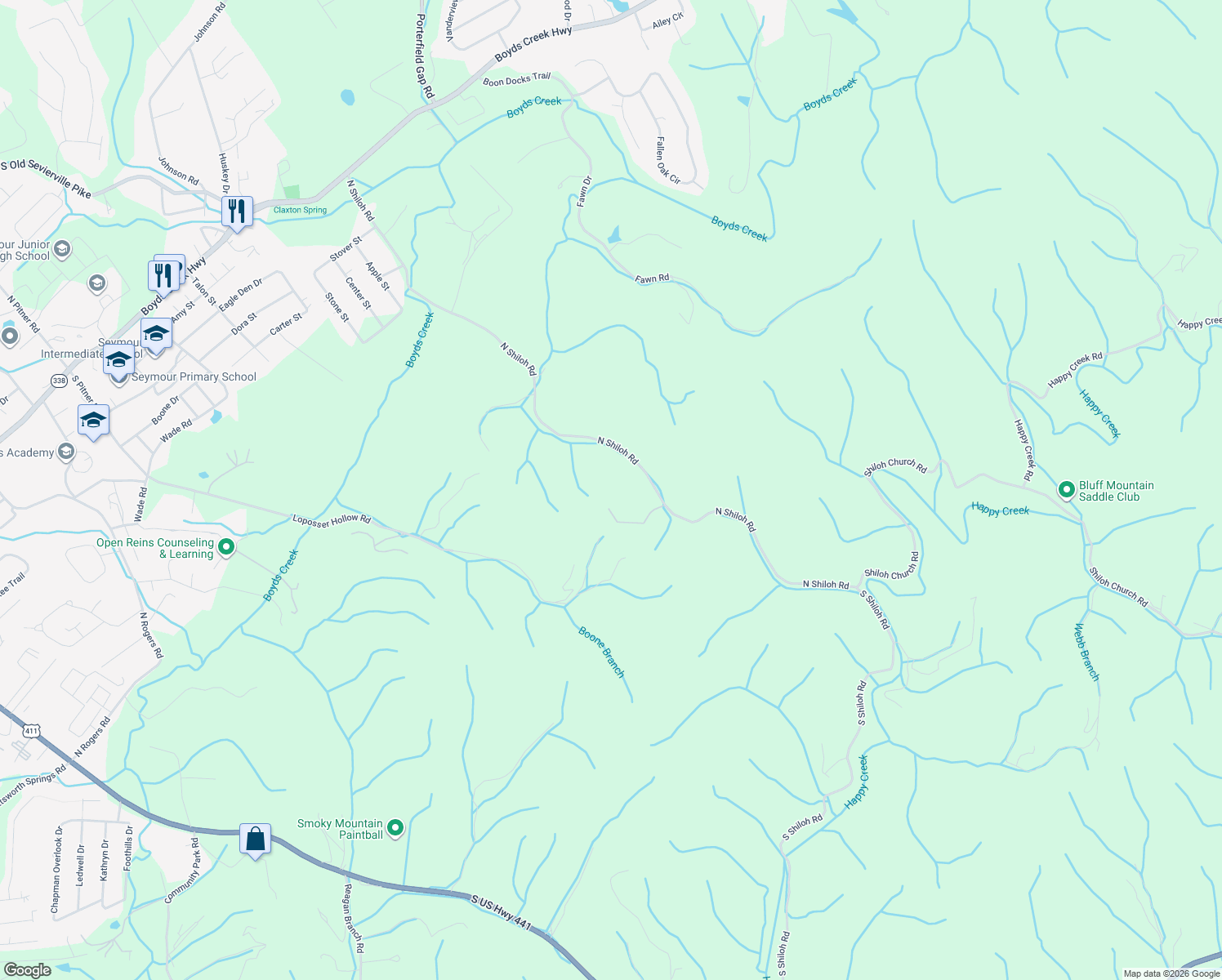 map of restaurants, bars, coffee shops, grocery stores, and more near 725 North Shiloh Road in Seymour