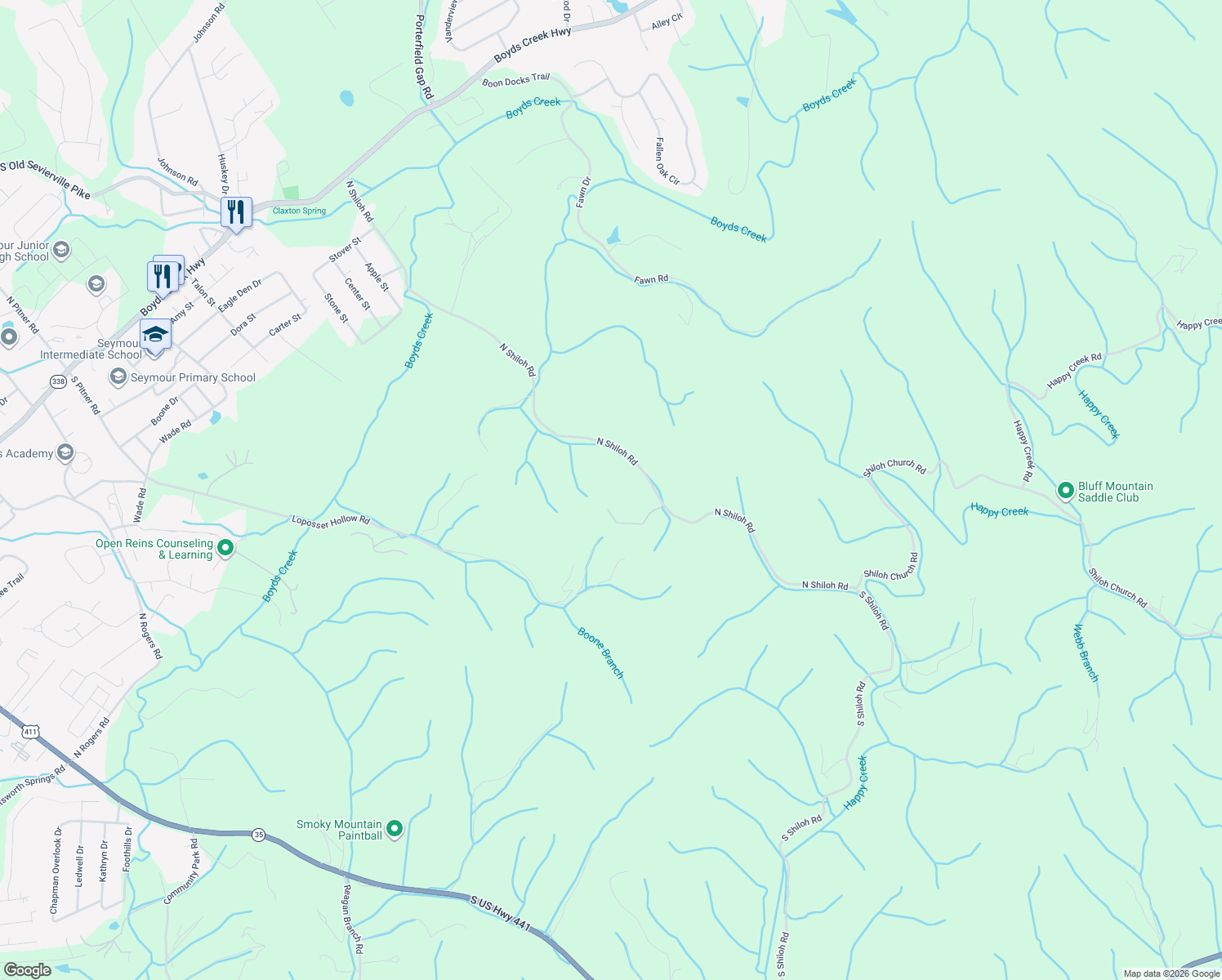 map of restaurants, bars, coffee shops, grocery stores, and more near 725 North Shiloh Road in Seymour