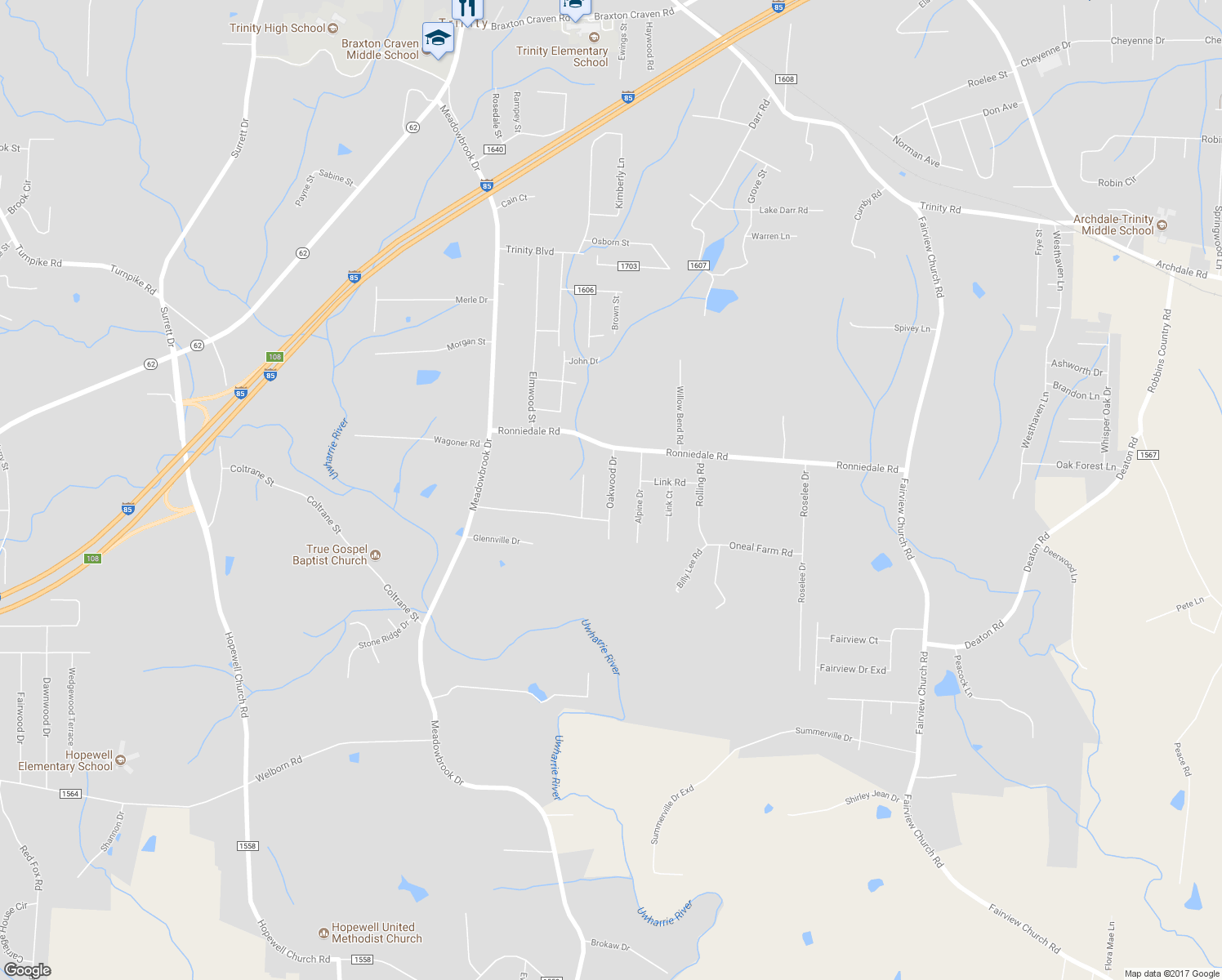 map of restaurants, bars, coffee shops, grocery stores, and more near 4739 Oakwood Drive in Trinity