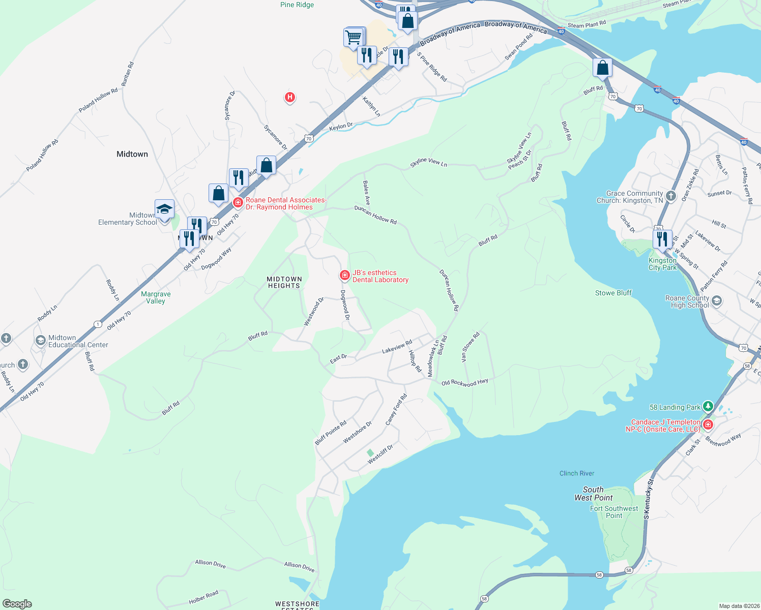 map of restaurants, bars, coffee shops, grocery stores, and more near 153 Park Place in Harriman