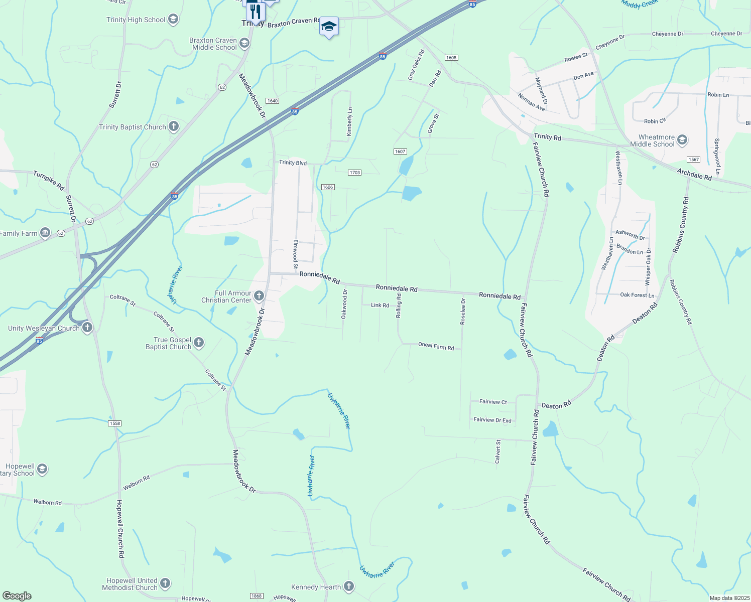 map of restaurants, bars, coffee shops, grocery stores, and more near 5270 Link Road in Trinity