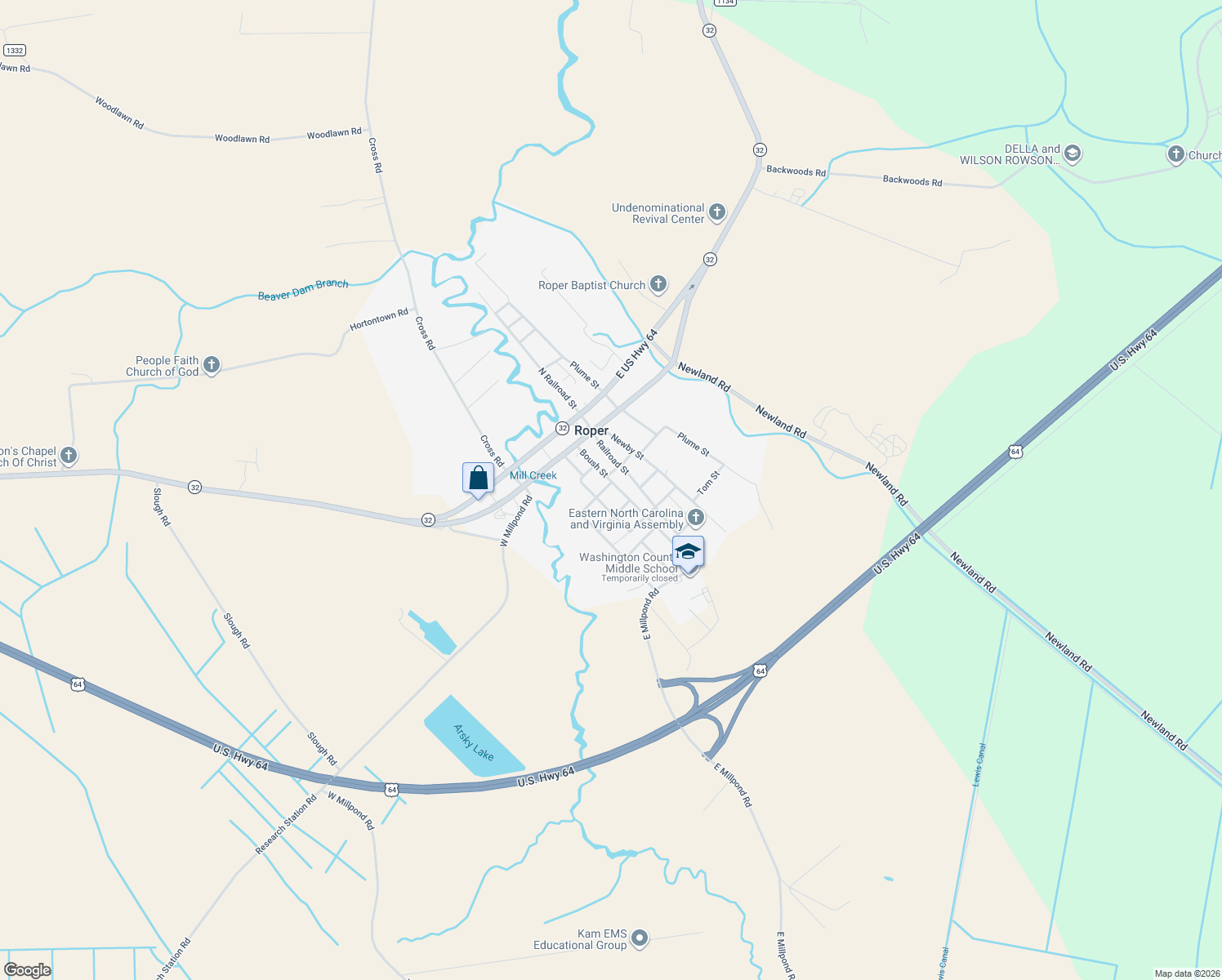 map of restaurants, bars, coffee shops, grocery stores, and more near 303 Boush St in Roper