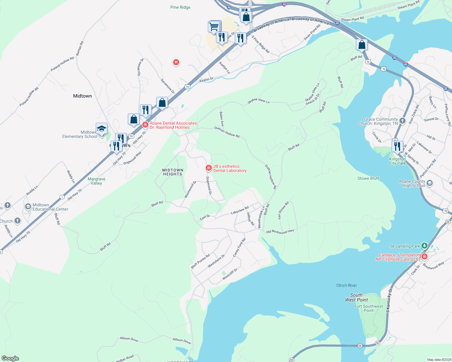 map of restaurants, bars, coffee shops, grocery stores, and more near 153 Park Pl in Harriman