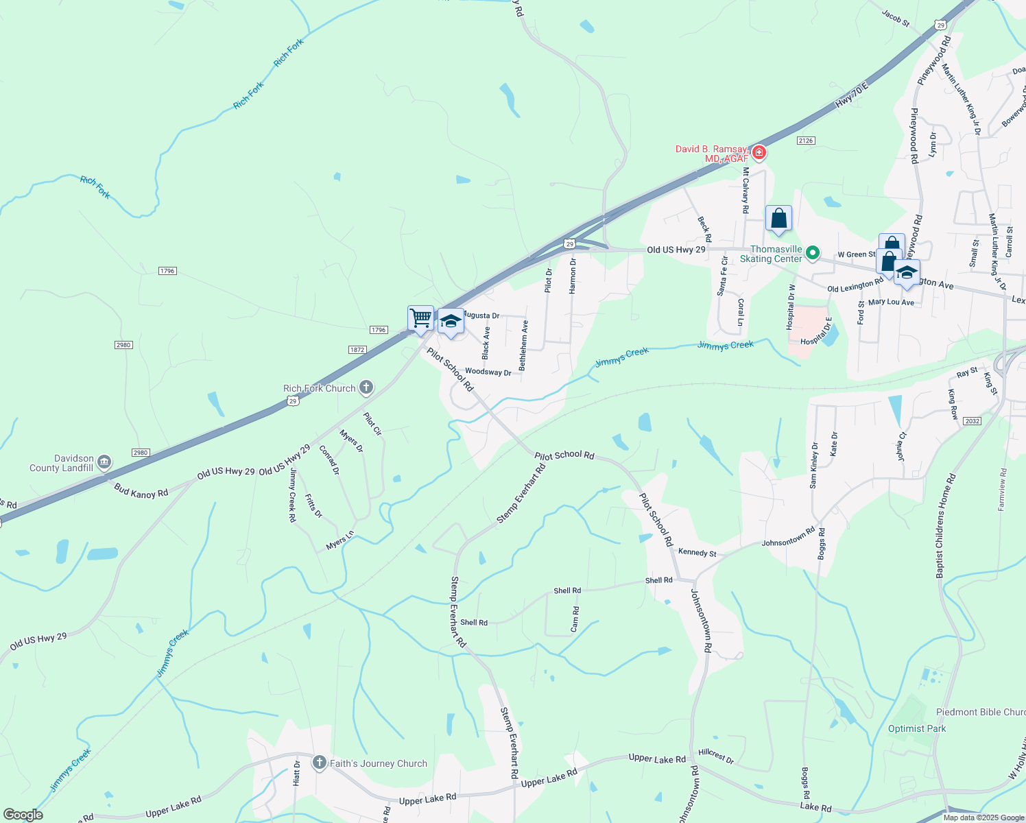 map of restaurants, bars, coffee shops, grocery stores, and more near 170 East Meadow Road in Thomasville
