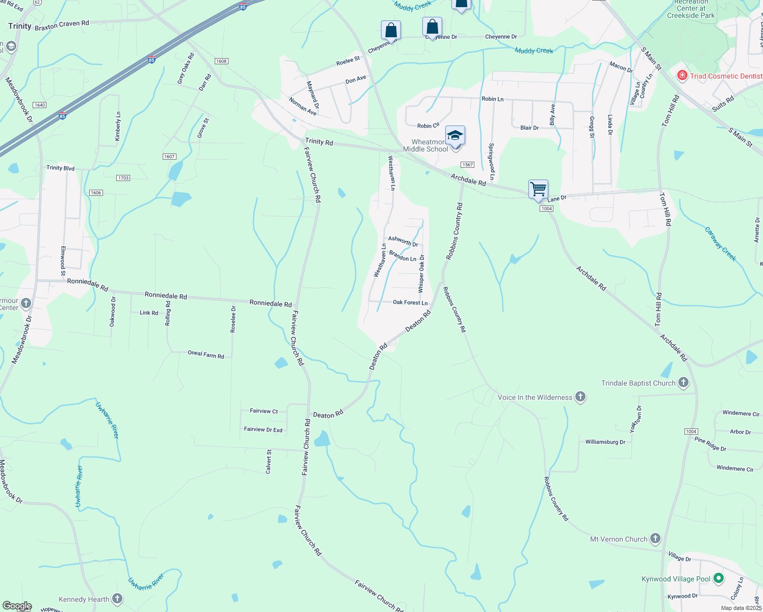 map of restaurants, bars, coffee shops, grocery stores, and more near 221 Oak Forest Ln in Trinity