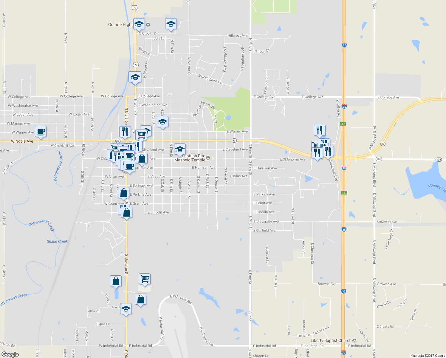 map of restaurants, bars, coffee shops, grocery stores, and more near 1123 East Vilas Avenue in Guthrie