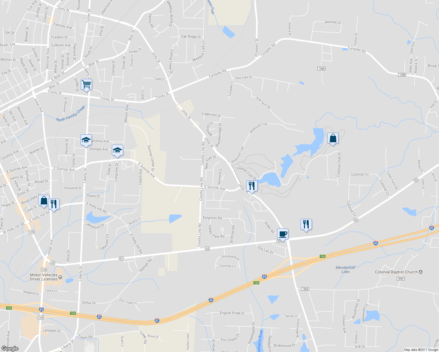 map of restaurants, bars, coffee shops, grocery stores, and more near 136 Maryland Drive in Thomasville