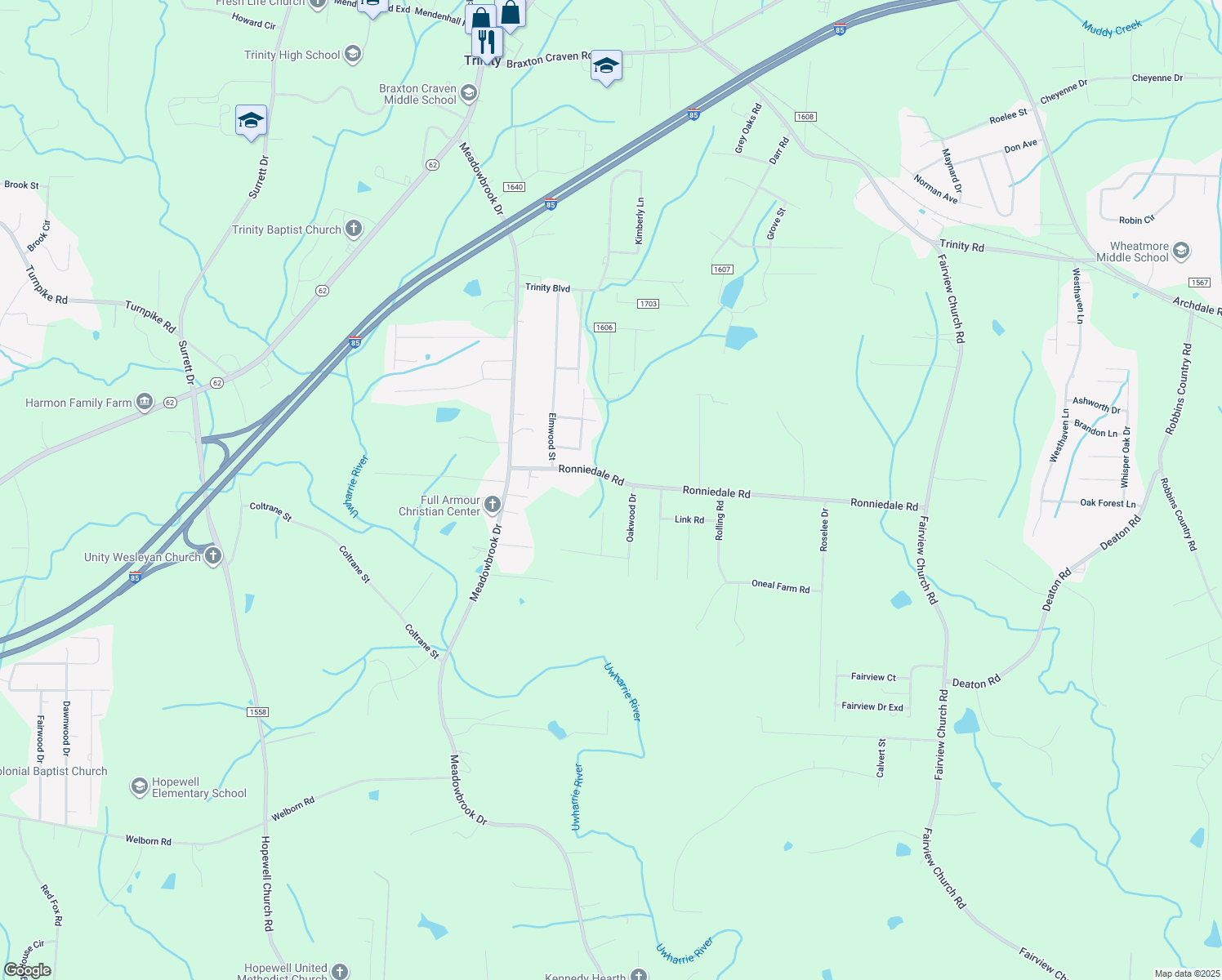 map of restaurants, bars, coffee shops, grocery stores, and more near 5535 Ronniedale Road in Trinity
