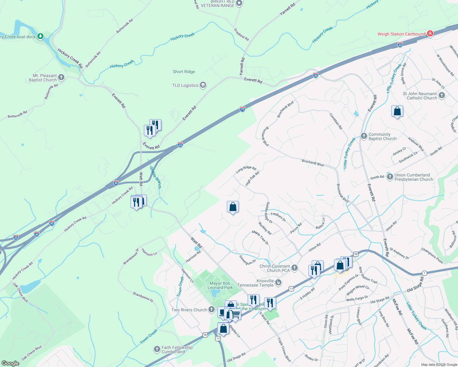 map of restaurants, bars, coffee shops, grocery stores, and more near 12911 Long Ridge Road in Knoxville