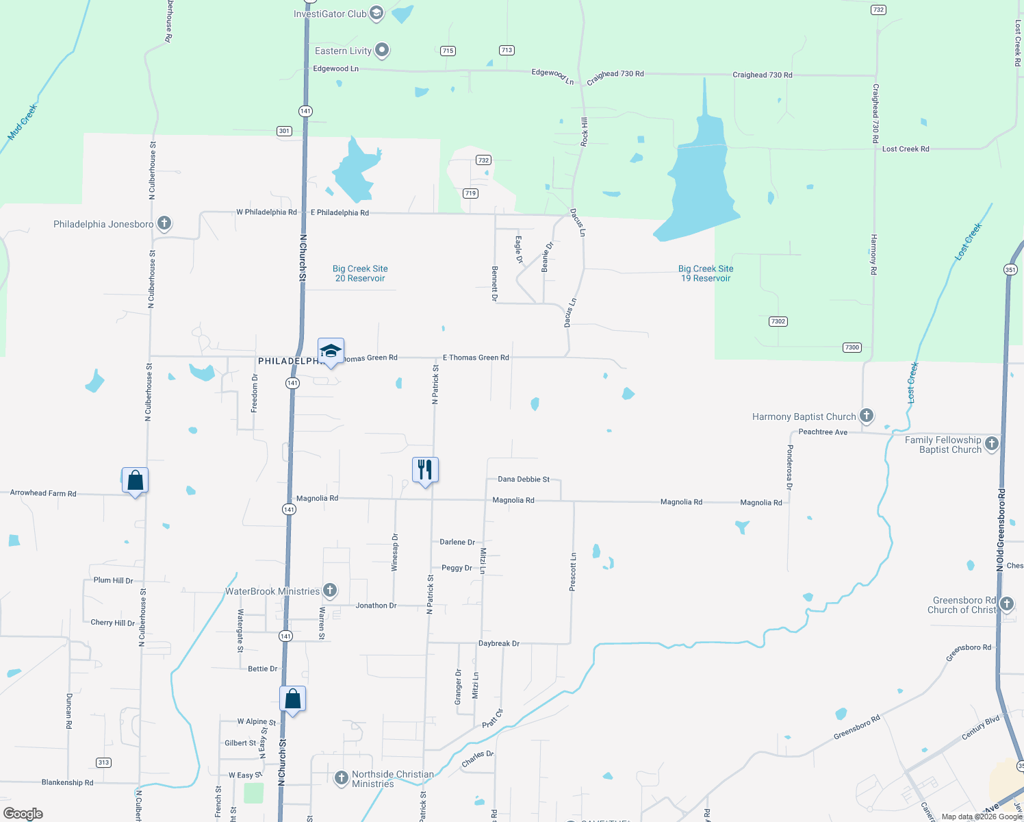 map of restaurants, bars, coffee shops, grocery stores, and more near 2612 Pine Acres Street in Jonesboro