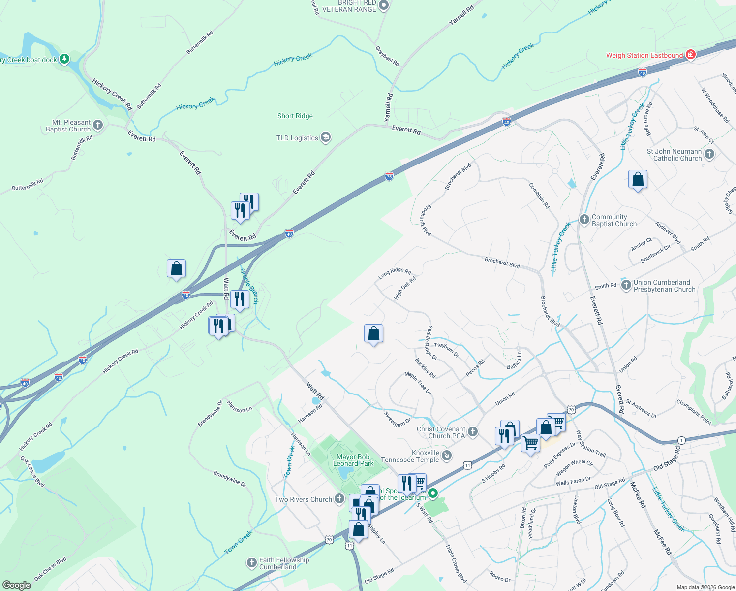 map of restaurants, bars, coffee shops, grocery stores, and more near 12911 Long Ridge Road in Knoxville