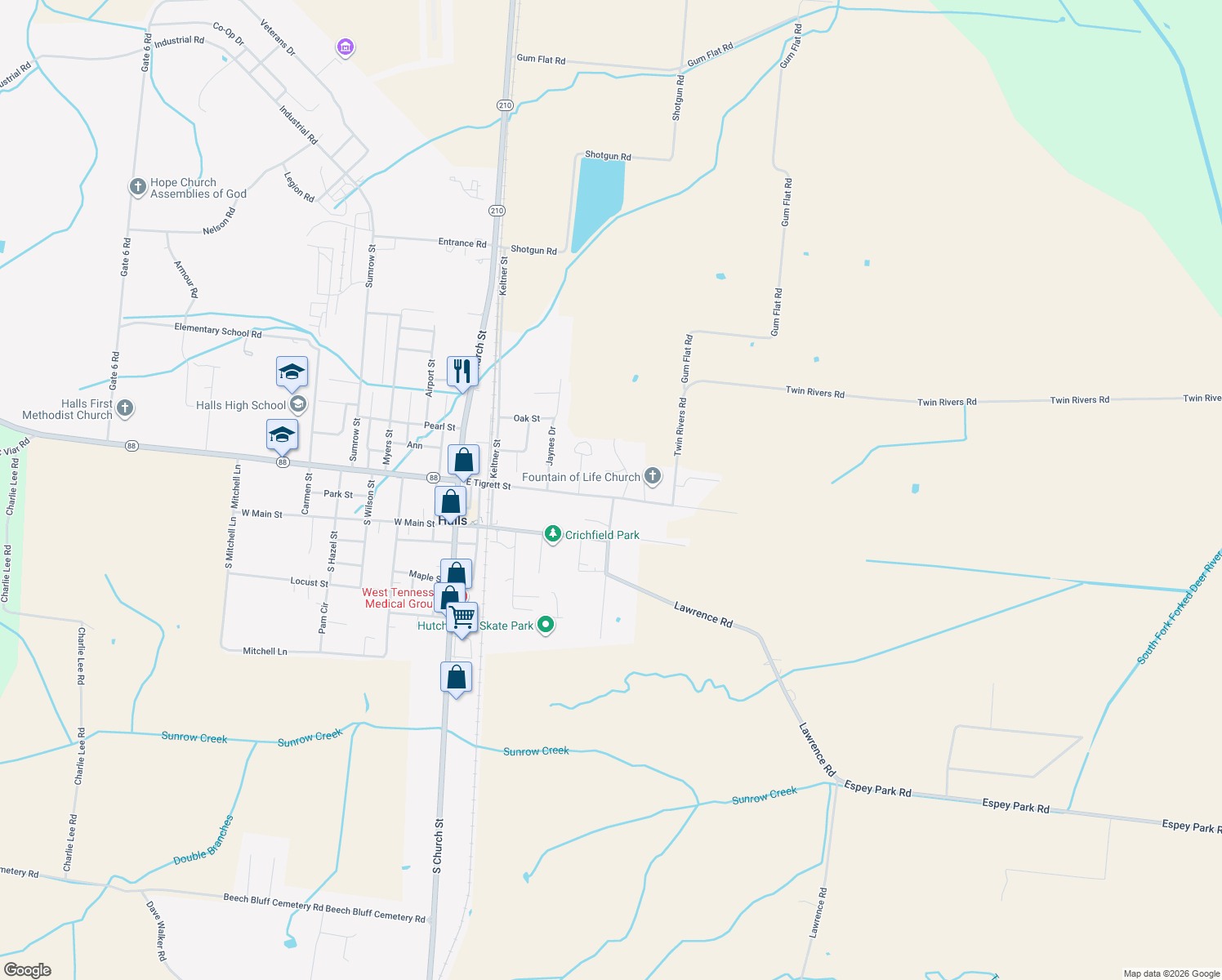 map of restaurants, bars, coffee shops, grocery stores, and more near 614 E Tigrett St in Halls