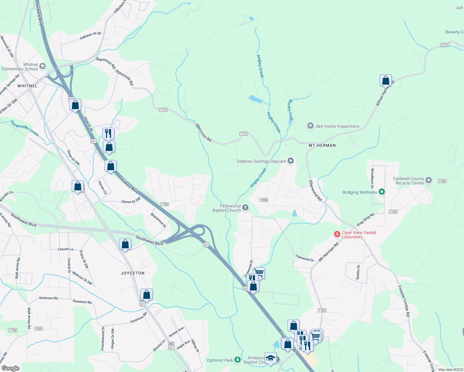 map of restaurants, bars, coffee shops, grocery stores, and more near 2287 Lee Roy Lane in Lenoir