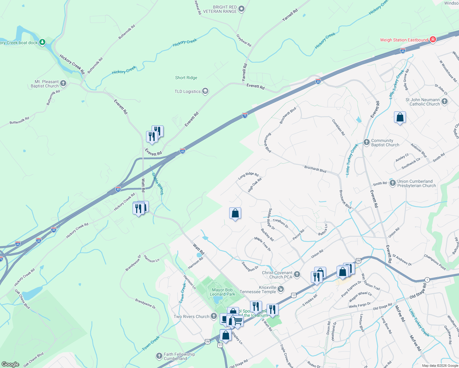 map of restaurants, bars, coffee shops, grocery stores, and more near 12911 Long Ridge Road in Knoxville