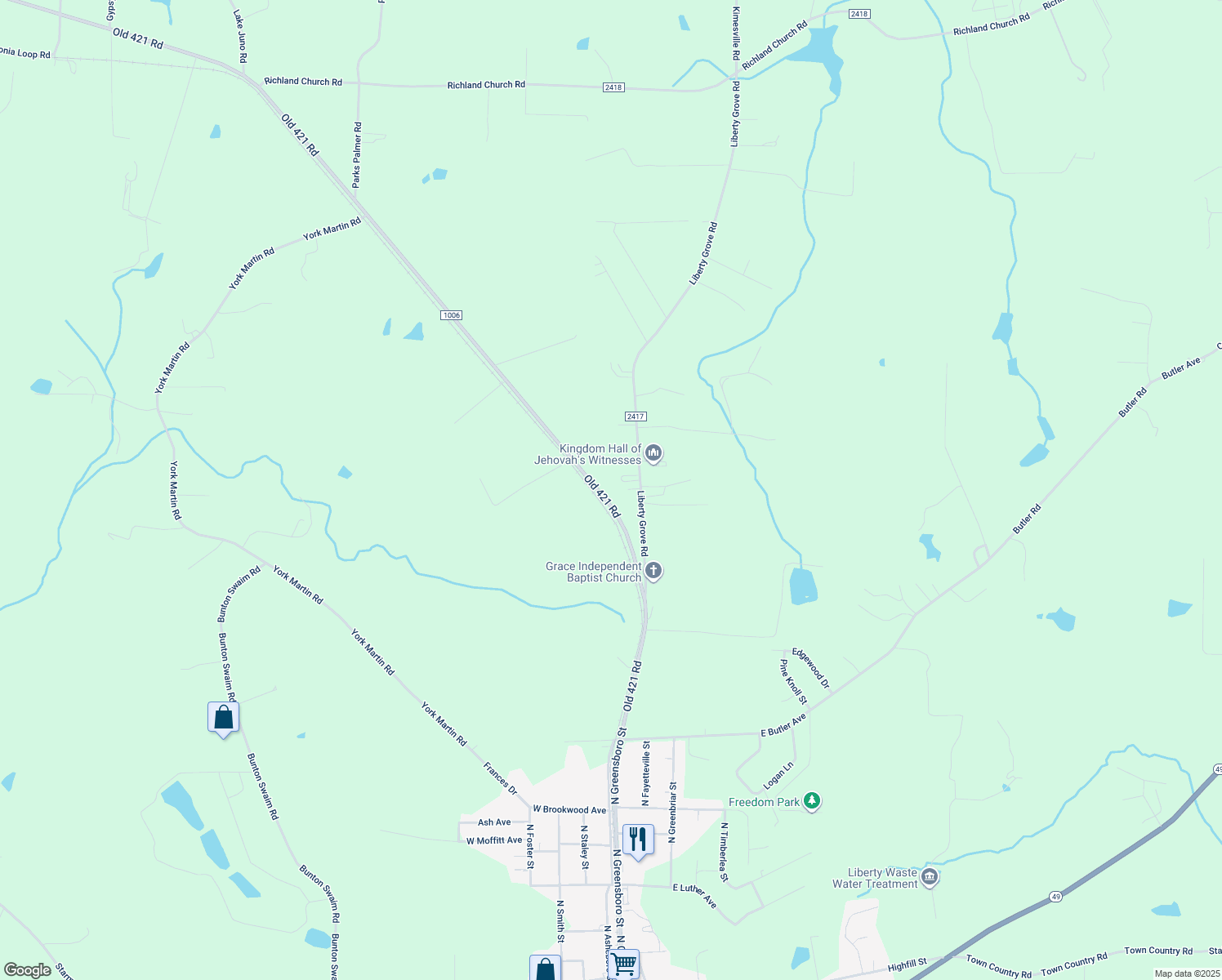 map of restaurants, bars, coffee shops, grocery stores, and more near 5882 Old 421 Road in Liberty