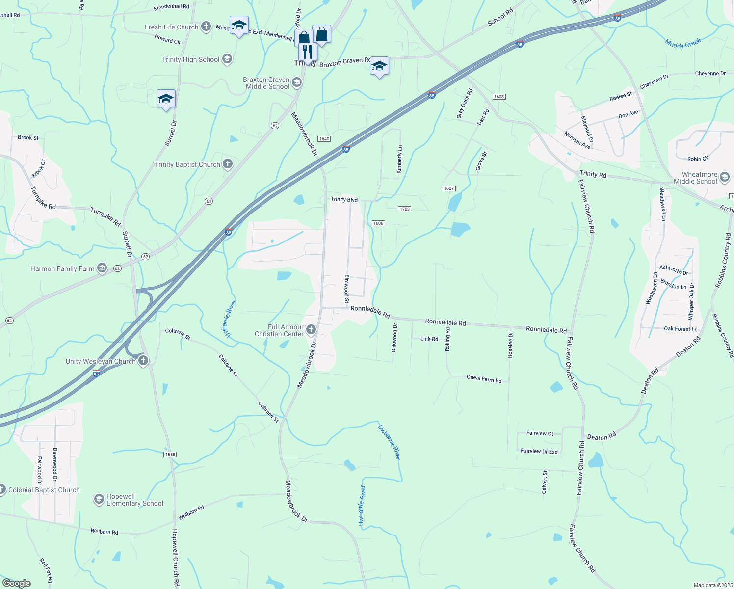 map of restaurants, bars, coffee shops, grocery stores, and more near 4848 Tony Drive in Trinity