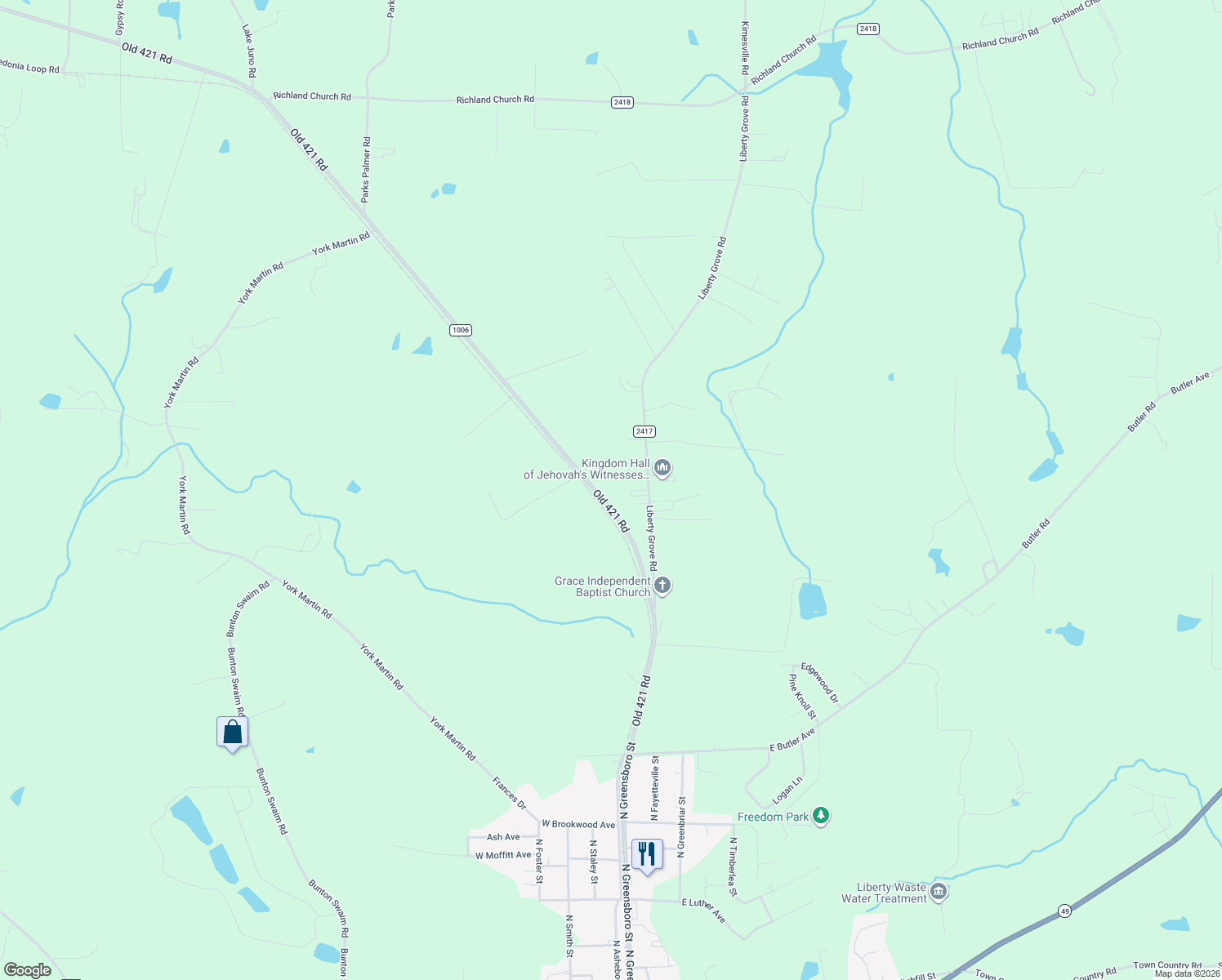 map of restaurants, bars, coffee shops, grocery stores, and more near 5904 Old 421 Road in Liberty