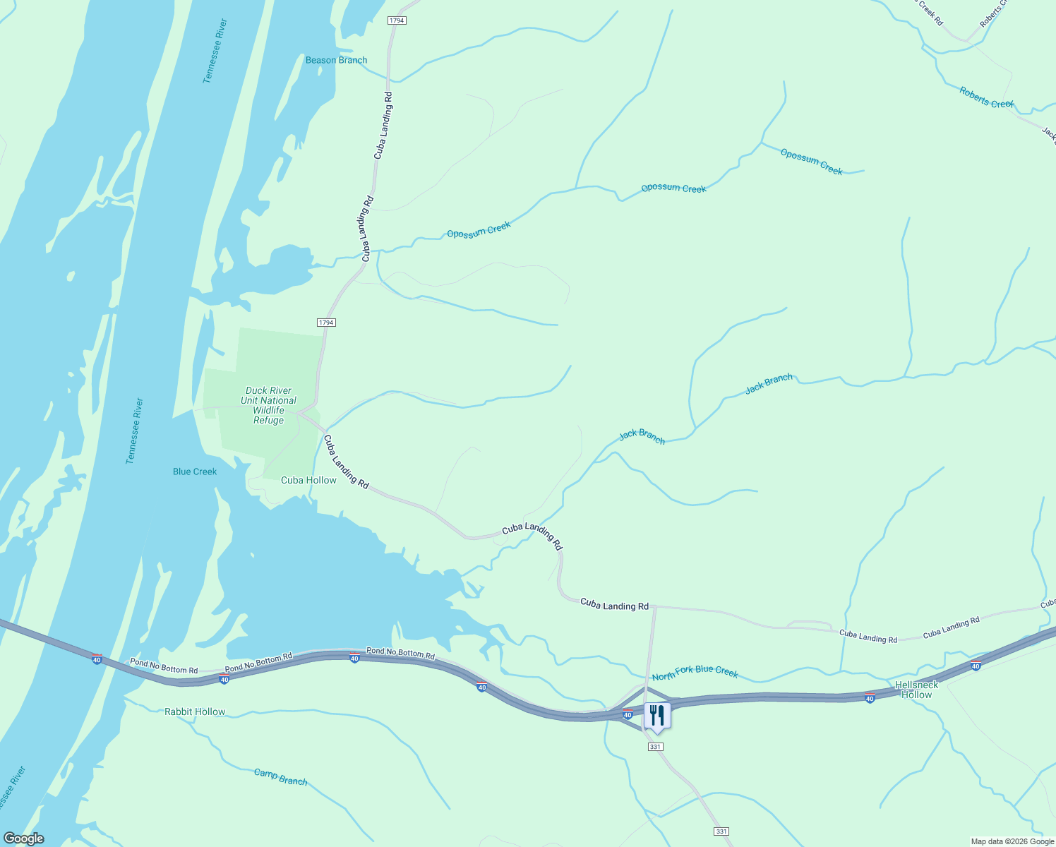 map of restaurants, bars, coffee shops, grocery stores, and more near 595 Cuba Hollow Lane in Waverly