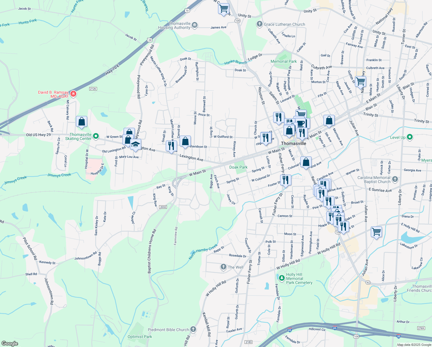 map of restaurants, bars, coffee shops, grocery stores, and more near 7 Finch Ave in Thomasville