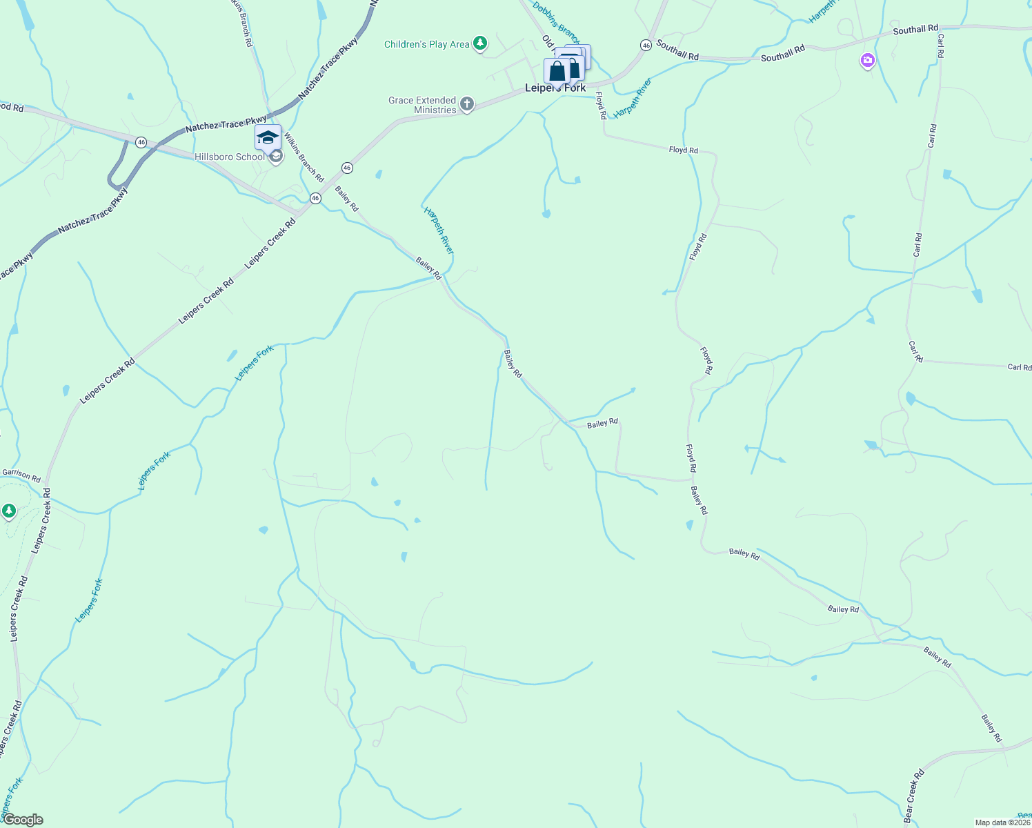 map of restaurants, bars, coffee shops, grocery stores, and more near 3385 Bailey Road in Franklin