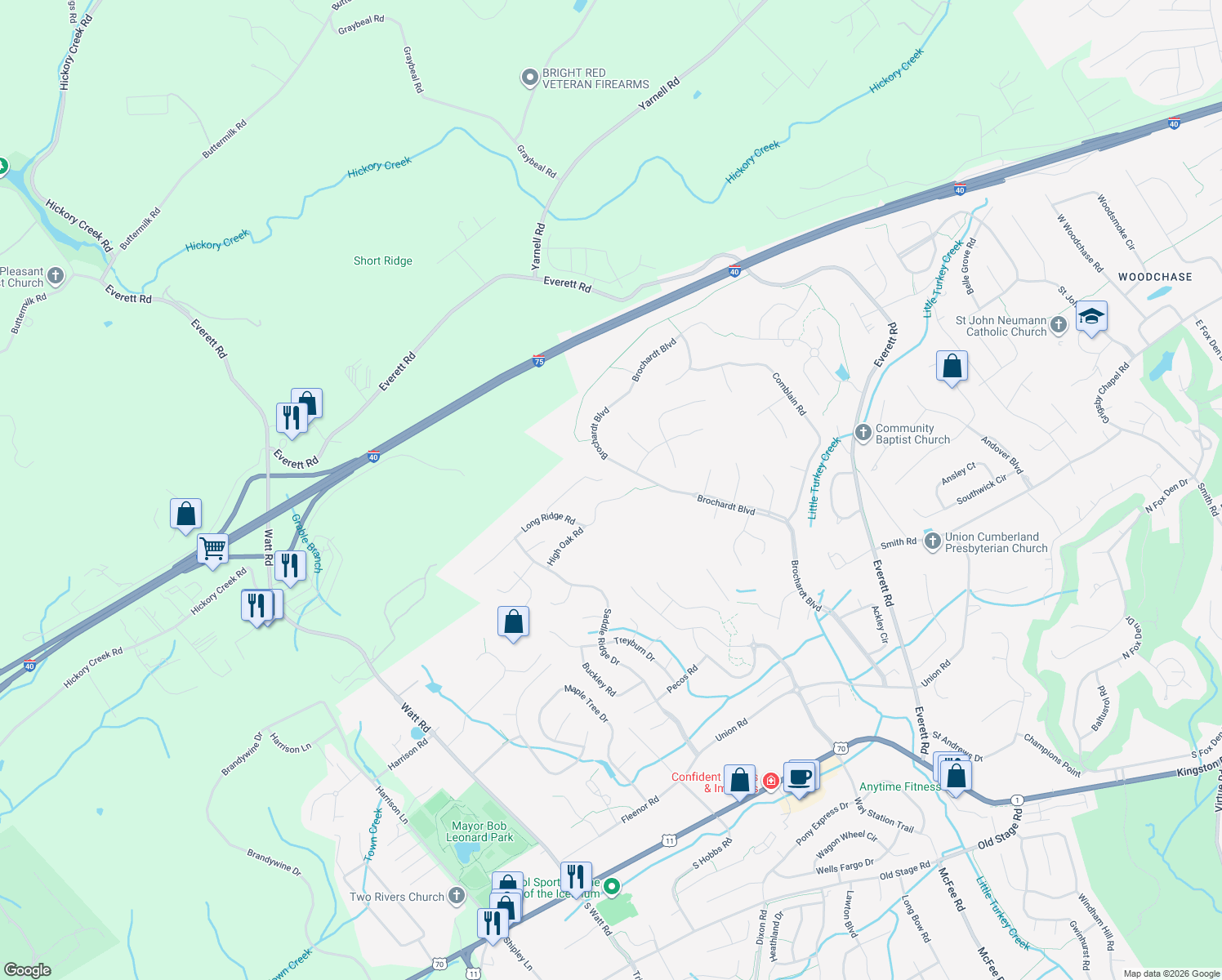 map of restaurants, bars, coffee shops, grocery stores, and more near 12704 Shady Ridge Lane in Knoxville
