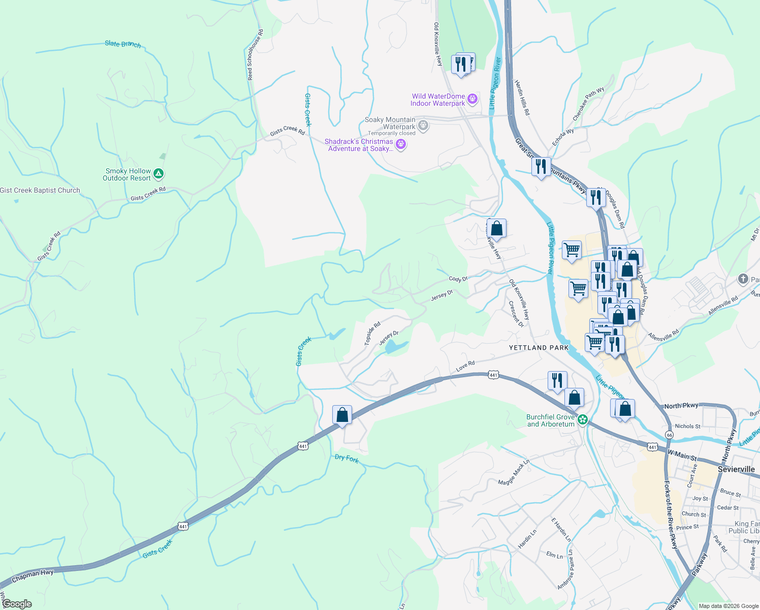 map of restaurants, bars, coffee shops, grocery stores, and more near 946 Black Oak Way in Sevierville
