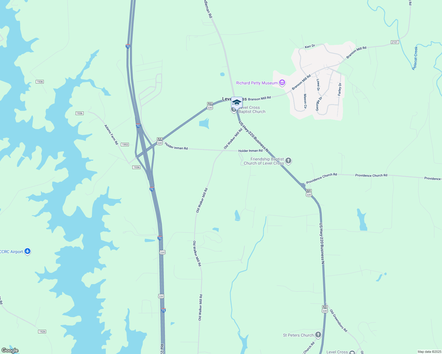 map of restaurants, bars, coffee shops, grocery stores, and more near 5840 Old Walker Mill Road in Randleman