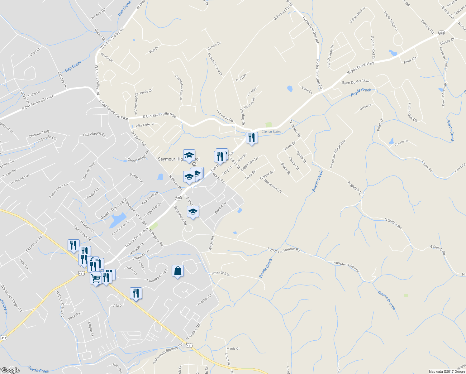 map of restaurants, bars, coffee shops, grocery stores, and more near 802 Dora Street in Seymour