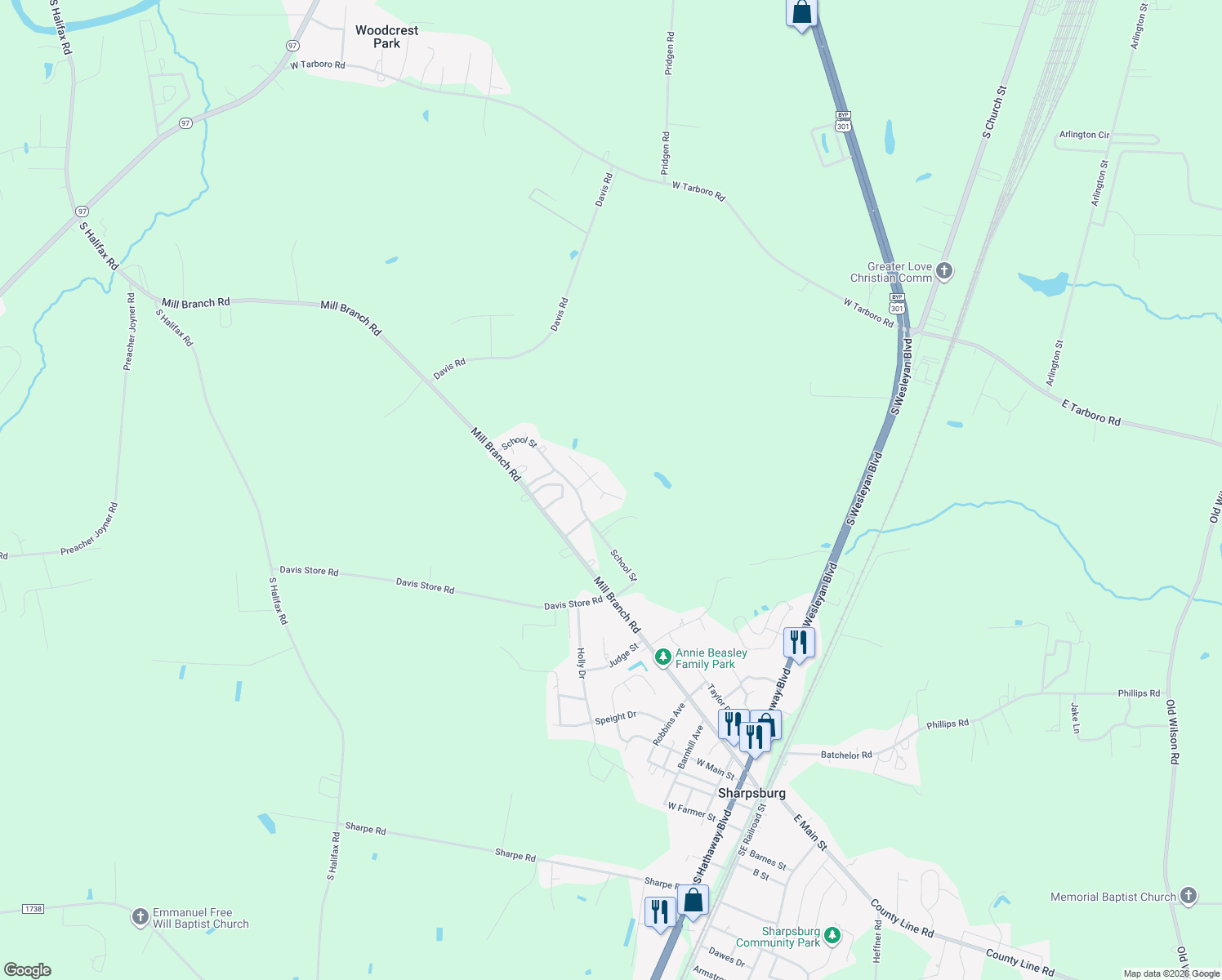 map of restaurants, bars, coffee shops, grocery stores, and more near 9004 Taylor Woods Cir in Rocky Mt