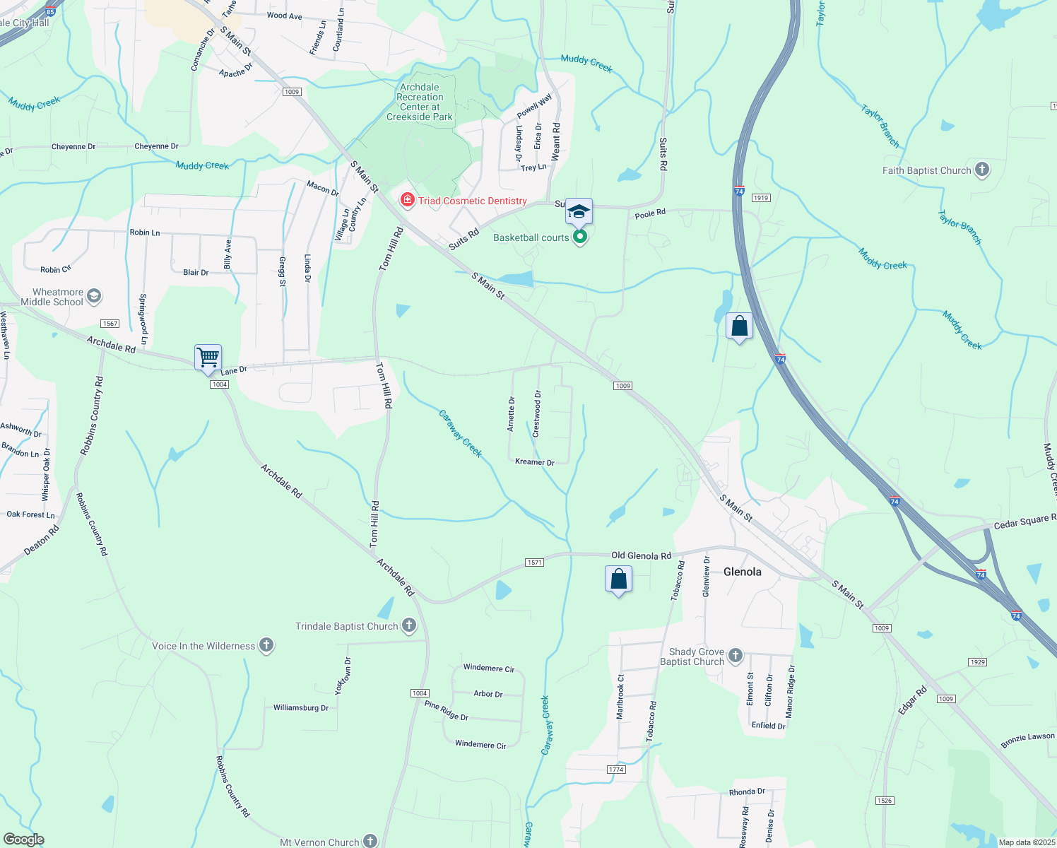 map of restaurants, bars, coffee shops, grocery stores, and more near 1 Crestwood Drive in Archdale