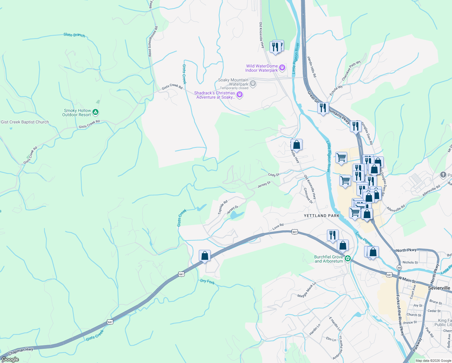 map of restaurants, bars, coffee shops, grocery stores, and more near 946 Black Oak Way in Sevierville