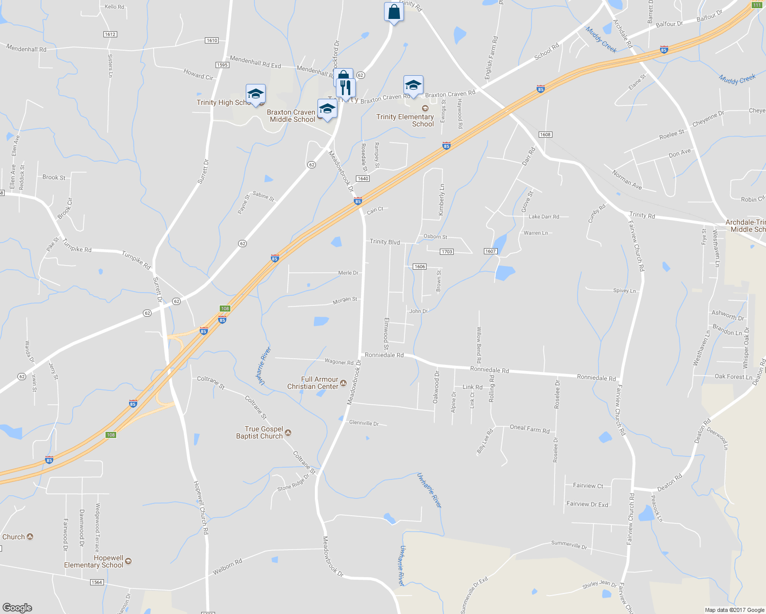 map of restaurants, bars, coffee shops, grocery stores, and more near 5039 Elmwood Street in Trinity