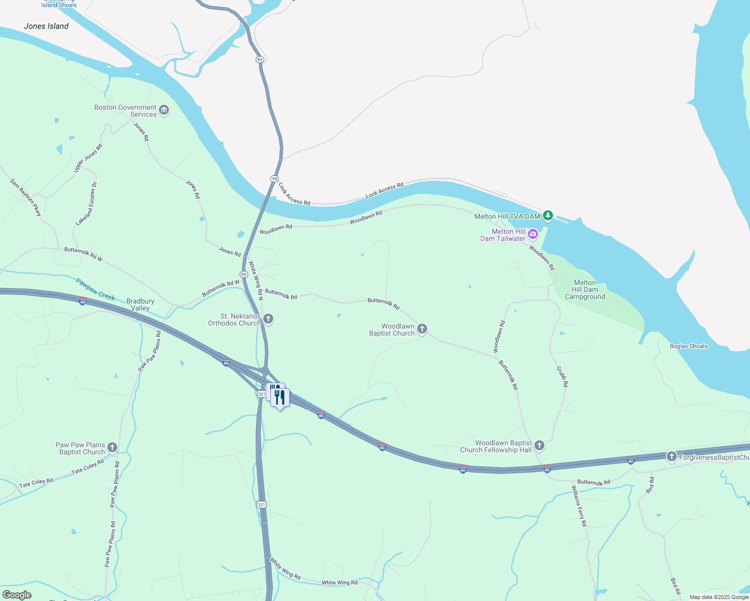map of restaurants, bars, coffee shops, grocery stores, and more near 2560 Buttermilk Road in Lenoir City