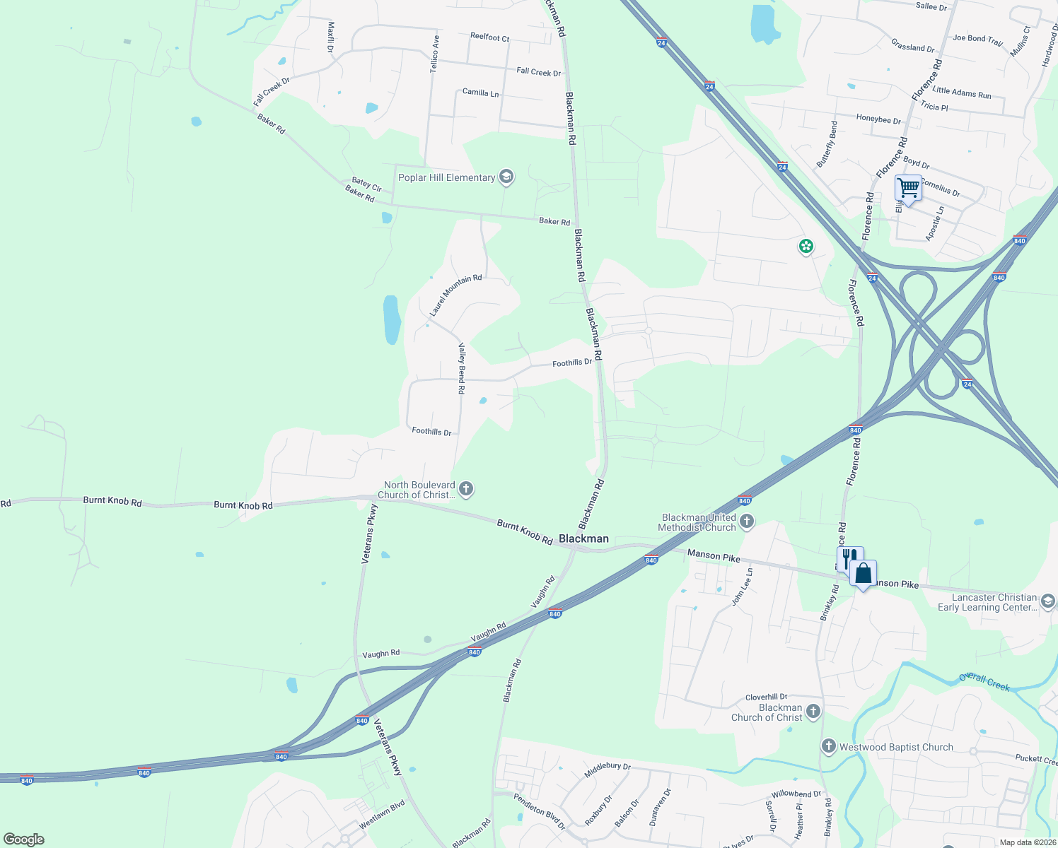 map of restaurants, bars, coffee shops, grocery stores, and more near 3110 Glenview Drive in Murfreesboro