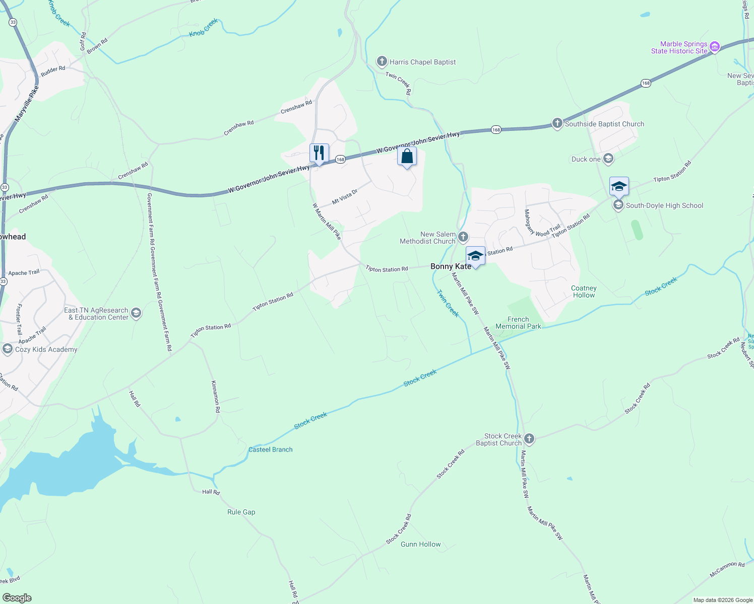 map of restaurants, bars, coffee shops, grocery stores, and more near 7622 Goddard Road in Knoxville