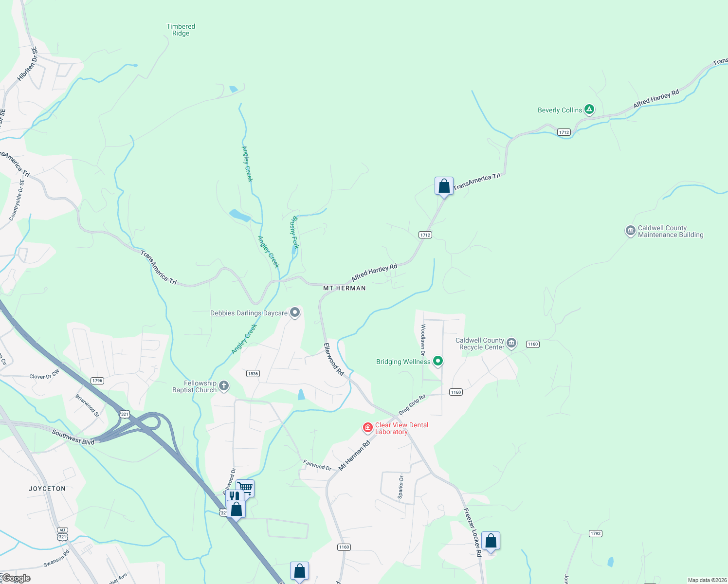 map of restaurants, bars, coffee shops, grocery stores, and more near 2686 Alfred Hartley Road in Lenoir