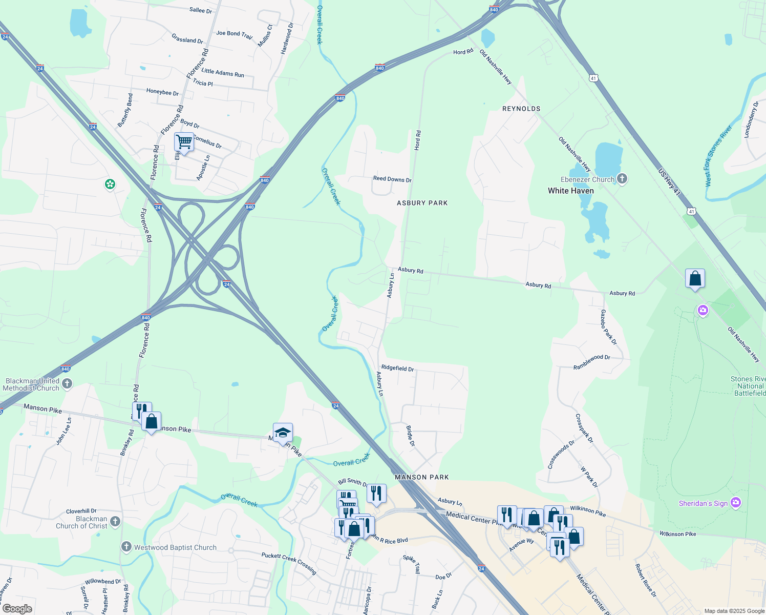 map of restaurants, bars, coffee shops, grocery stores, and more near 3605 Dixie Ln in Murfreesboro