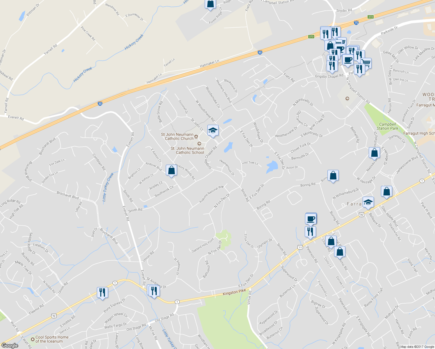 map of restaurants, bars, coffee shops, grocery stores, and more near 501 Smith Road in Knoxville