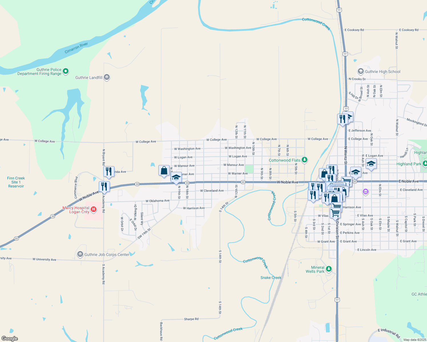map of restaurants, bars, coffee shops, grocery stores, and more near 1524 West Warner Avenue in Guthrie