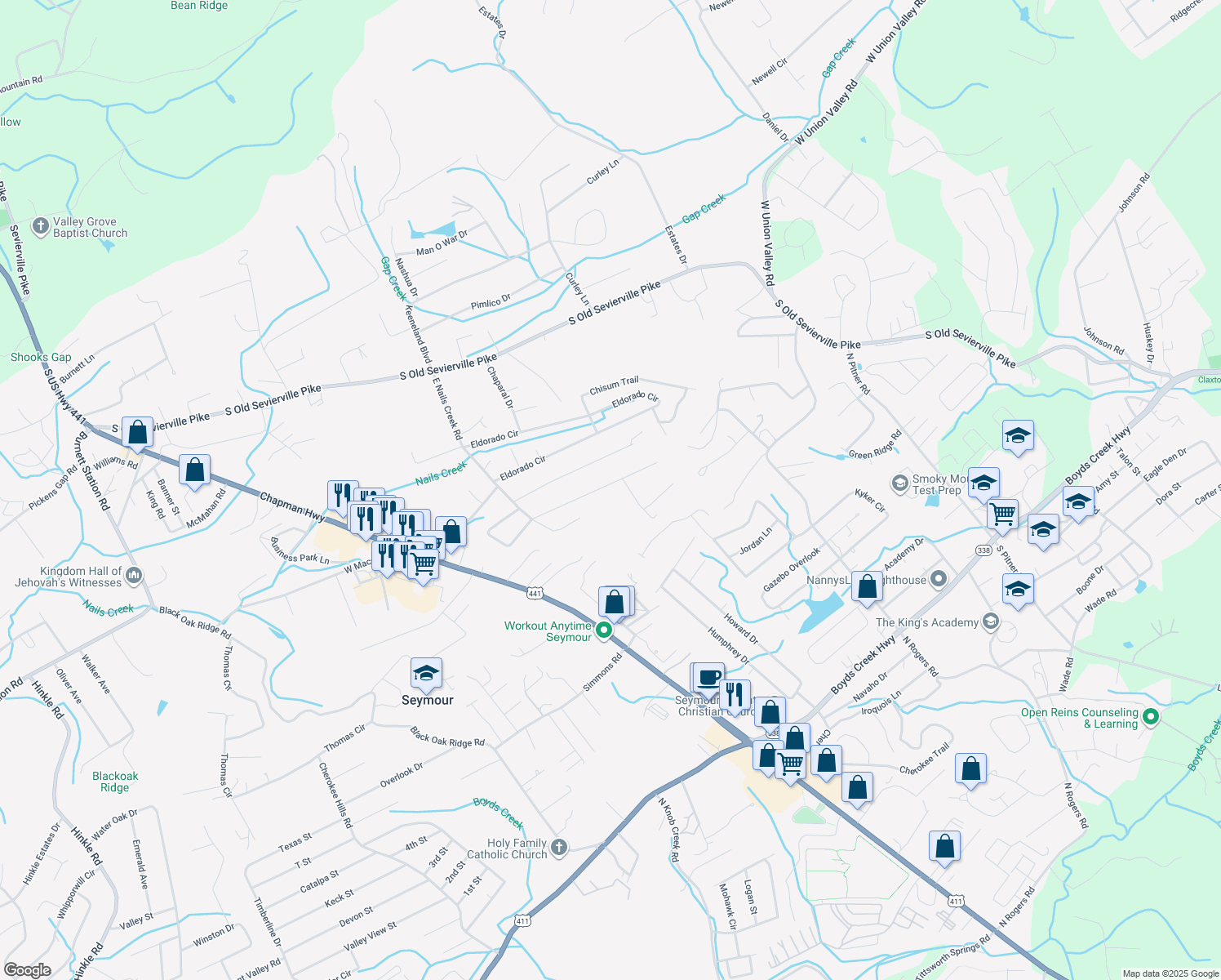map of restaurants, bars, coffee shops, grocery stores, and more near 353 Teresa Ann Drive in Seymour