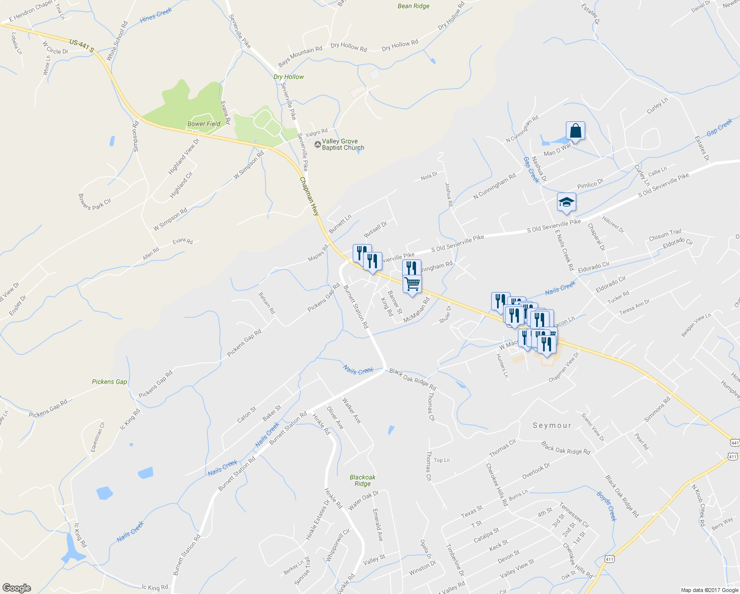 map of restaurants, bars, coffee shops, grocery stores, and more near 206 Huskey Valley Road in Seymour