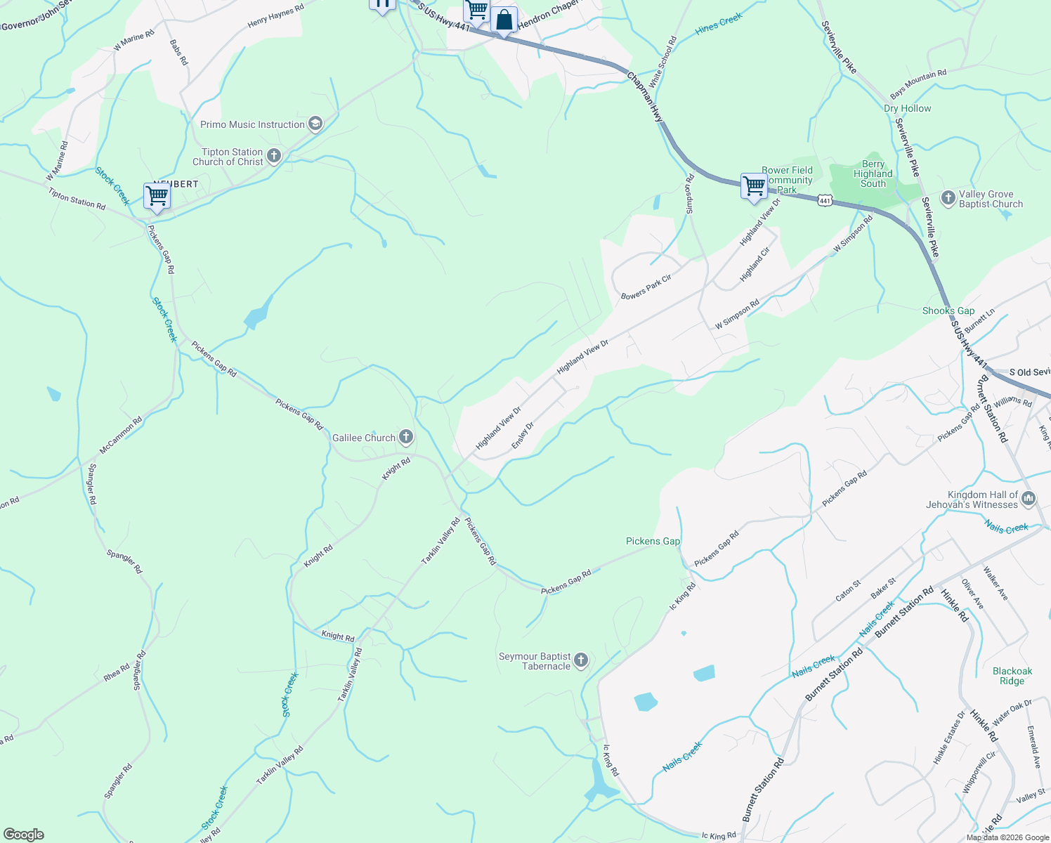 map of restaurants, bars, coffee shops, grocery stores, and more near 533 Ensley Drive in Knoxville