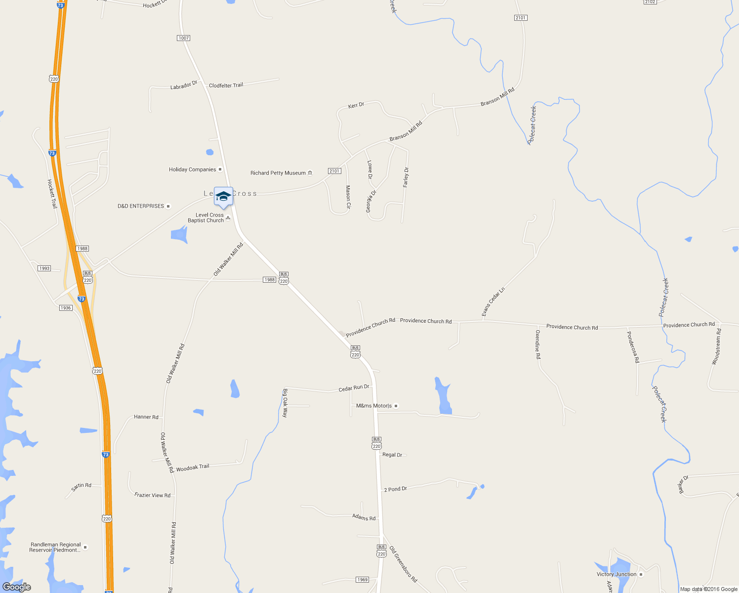 map of restaurants, bars, coffee shops, grocery stores, and more near 6052 Clyde Toomes Lane in Randleman