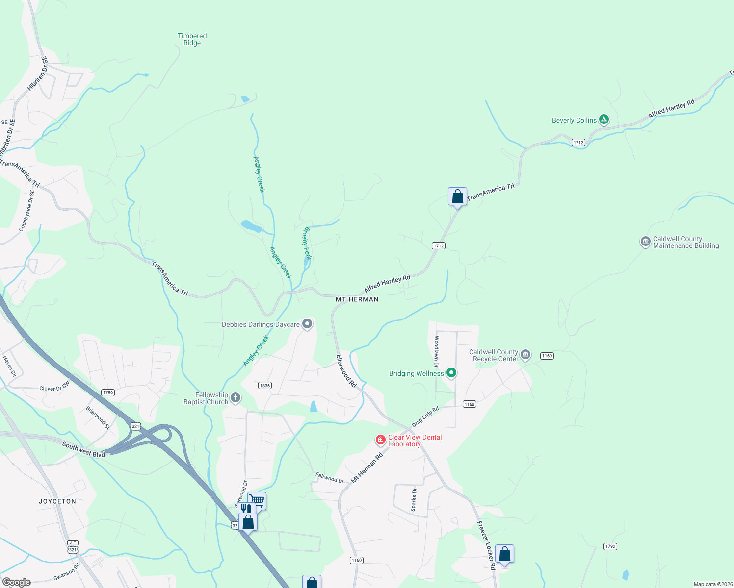 map of restaurants, bars, coffee shops, grocery stores, and more near 2686 Alfred Hartley Road in Lenoir