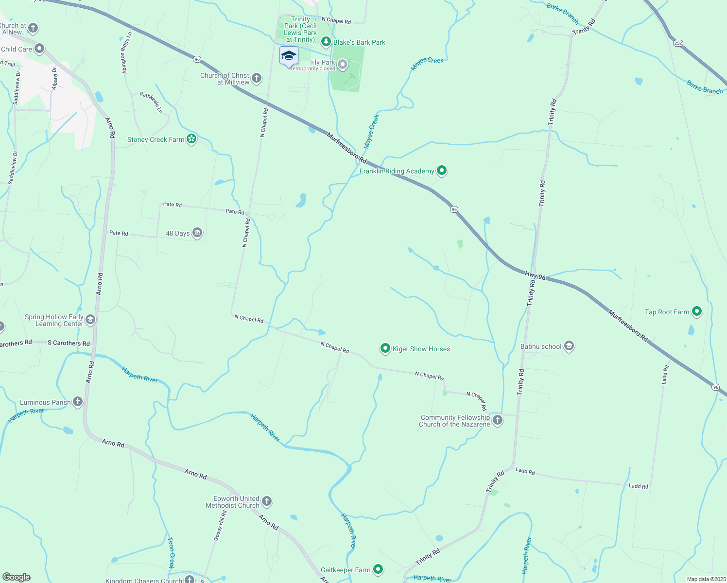 map of restaurants, bars, coffee shops, grocery stores, and more near 4384 North Chapel Road in Franklin