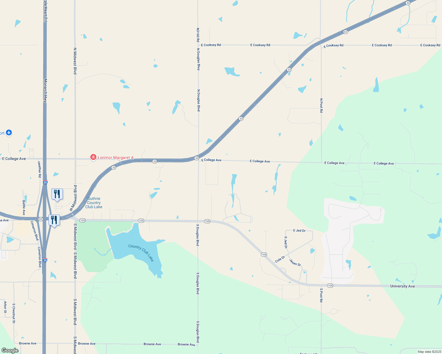 map of restaurants, bars, coffee shops, grocery stores, and more near 610 Camryn Lane in Guthrie