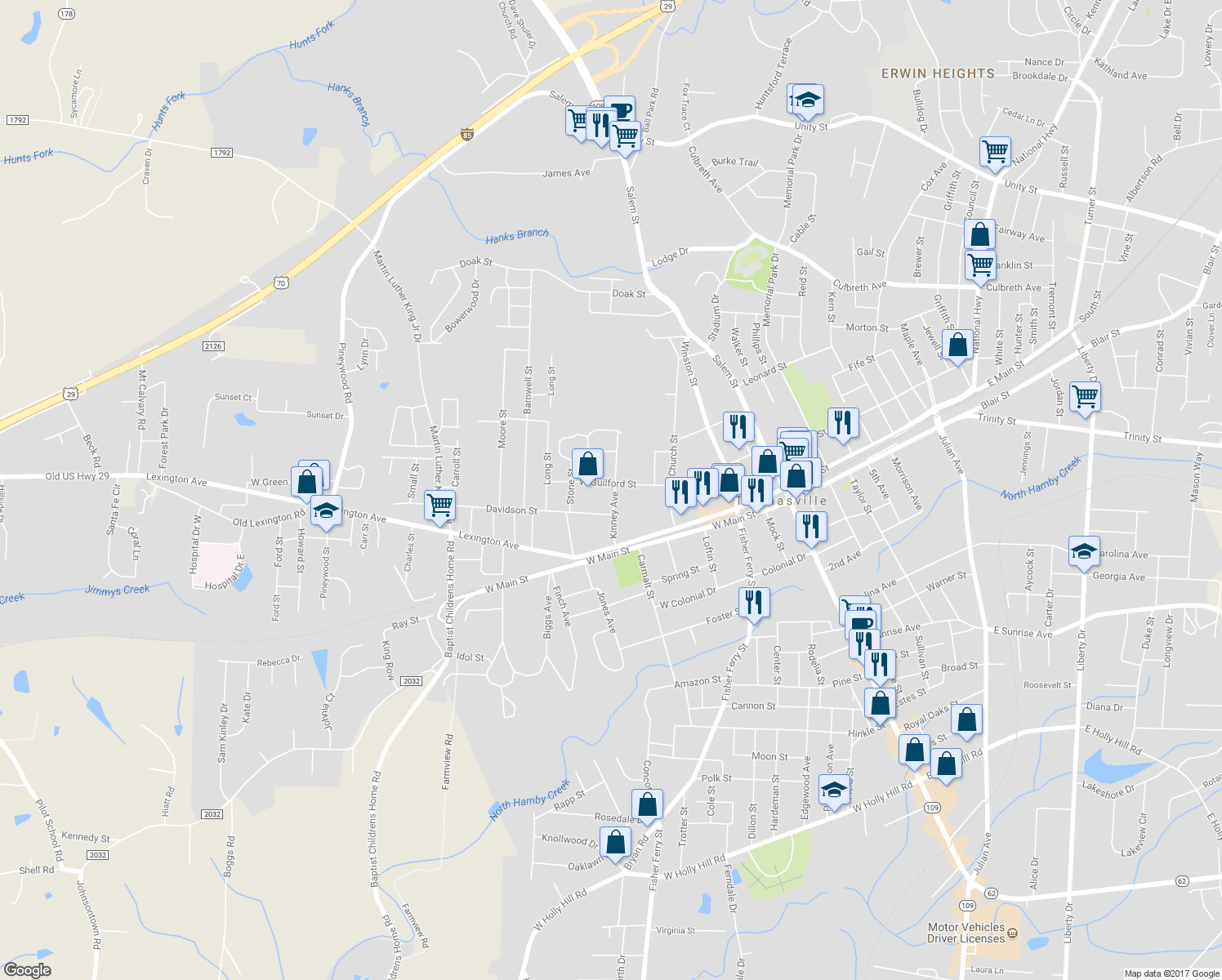 map of restaurants, bars, coffee shops, grocery stores, and more near 114 Kinney Avenue in Thomasville